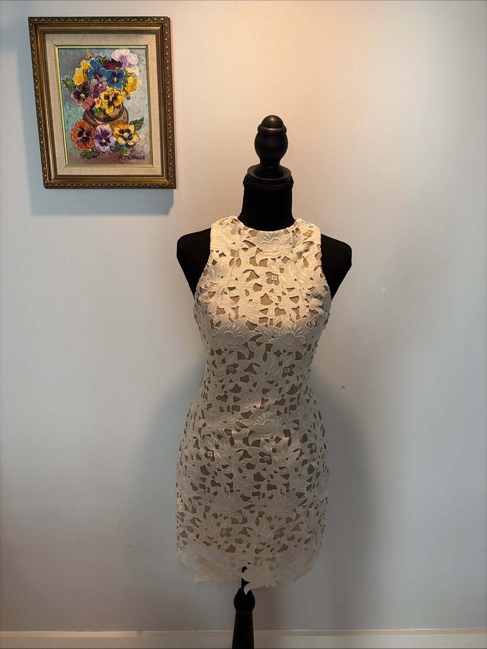 Antonio  Melani dress White Lace Nude Lining Floral Romantic Coquette Fairy